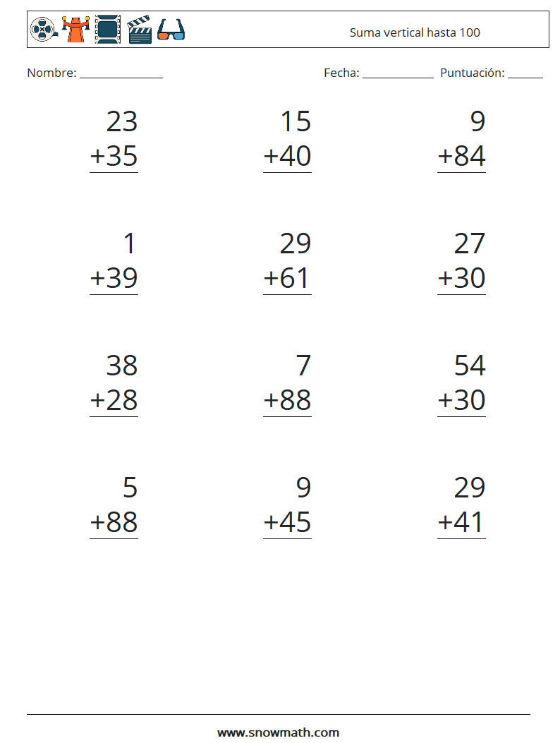 (12) Suma vertical hasta 100 Hojas de trabajo de matemáticas 11
