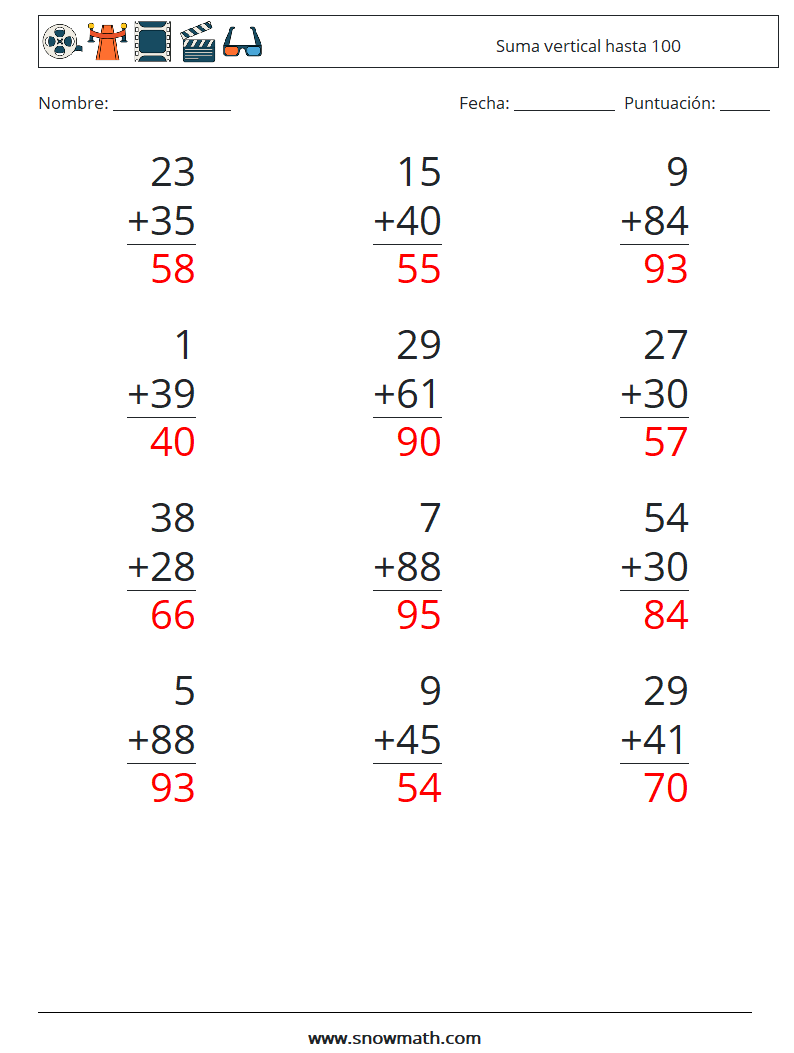 (12) Suma vertical hasta 100 Hojas de trabajo de matemáticas 11 Pregunta, respuesta