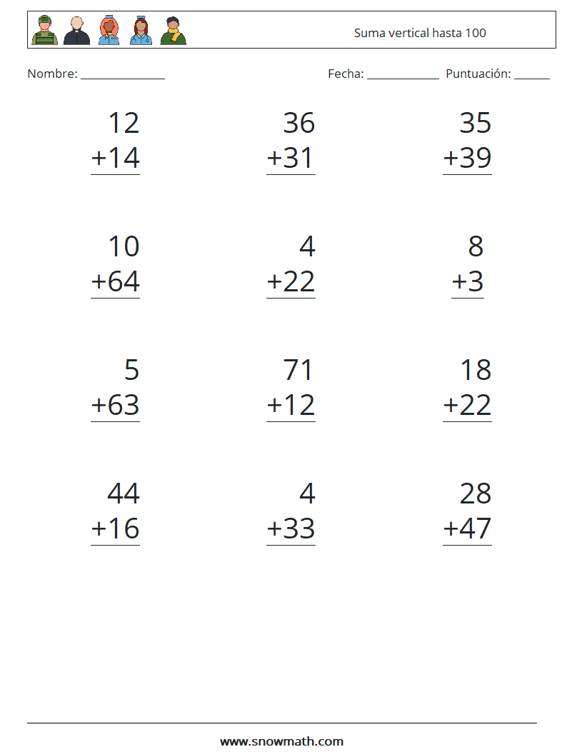 (12) Suma vertical hasta 100 Hojas de trabajo de matemáticas 12