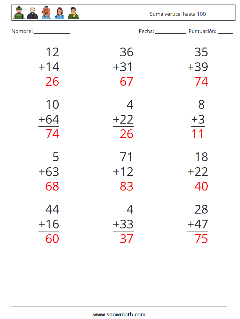 (12) Suma vertical hasta 100 Hojas de trabajo de matemáticas 12 Pregunta, respuesta