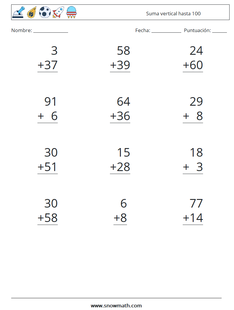 (12) Suma vertical hasta 100 Hojas de trabajo de matemáticas 13