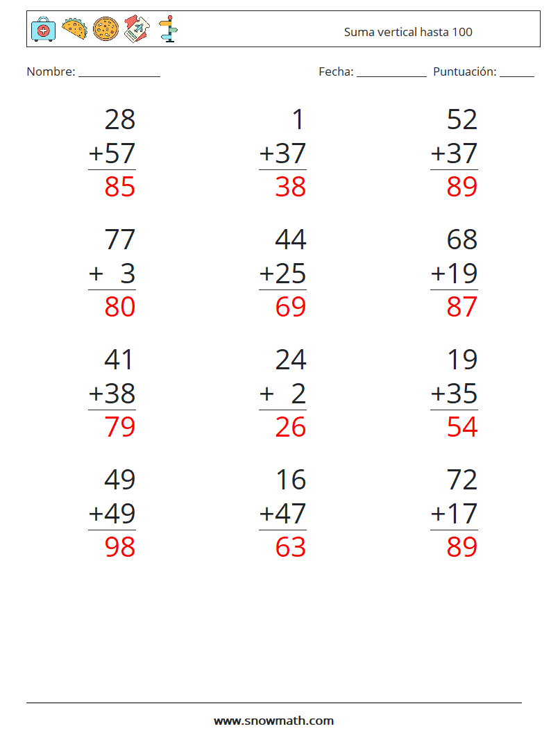 (12) Suma vertical hasta 100 Hojas de trabajo de matemáticas 14 Pregunta, respuesta