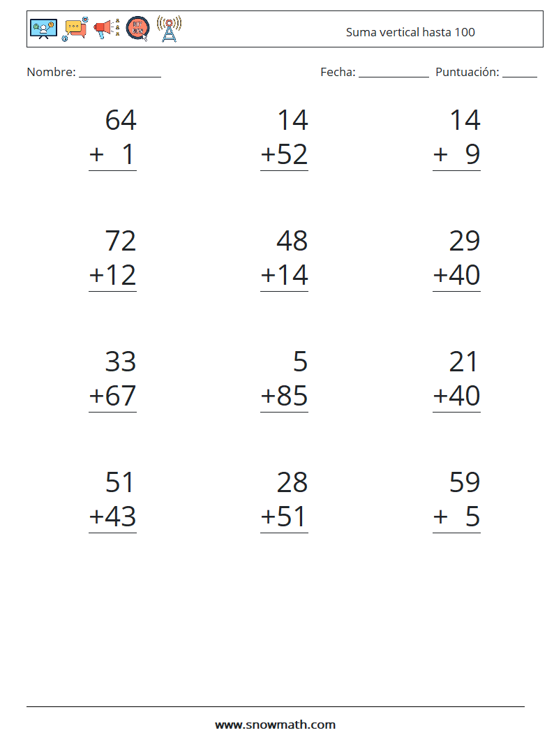 (12) Suma vertical hasta 100 Hojas de trabajo de matemáticas 15