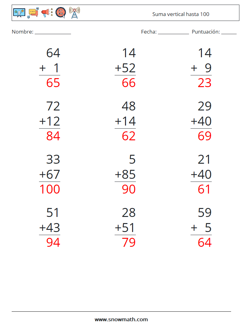 (12) Suma vertical hasta 100 Hojas de trabajo de matemáticas 15 Pregunta, respuesta