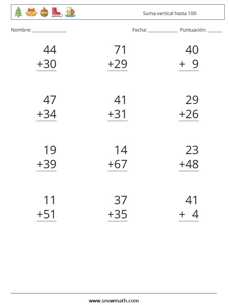 (12) Suma vertical hasta 100 Hojas de trabajo de matemáticas 16