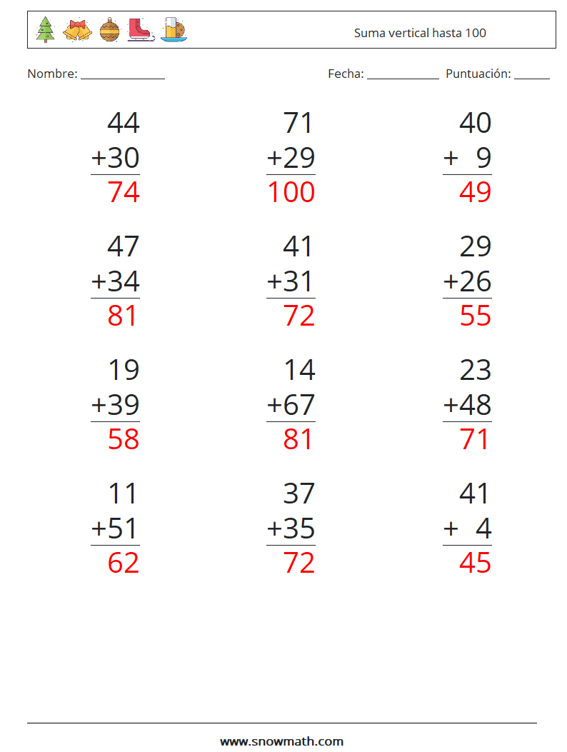 (12) Suma vertical hasta 100 Hojas de trabajo de matemáticas 16 Pregunta, respuesta