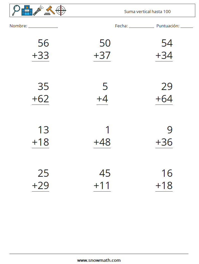 (12) Suma vertical hasta 100 Hojas de trabajo de matemáticas 17