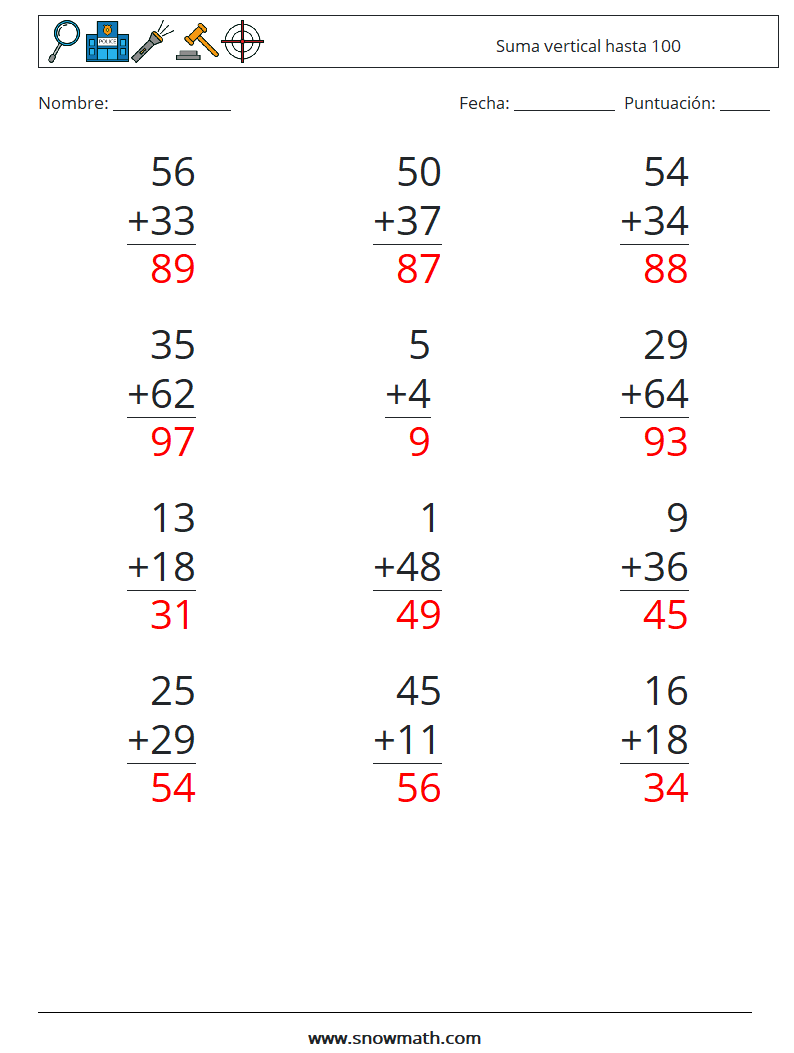 (12) Suma vertical hasta 100 Hojas de trabajo de matemáticas 17 Pregunta, respuesta