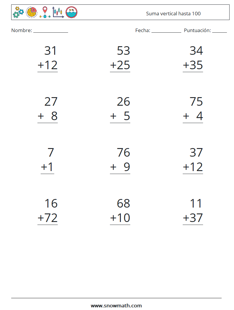 (12) Suma vertical hasta 100 Hojas de trabajo de matemáticas 18