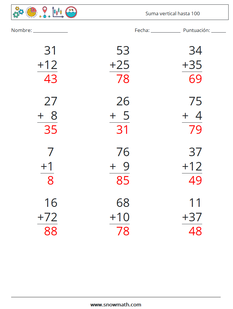 (12) Suma vertical hasta 100 Hojas de trabajo de matemáticas 18 Pregunta, respuesta