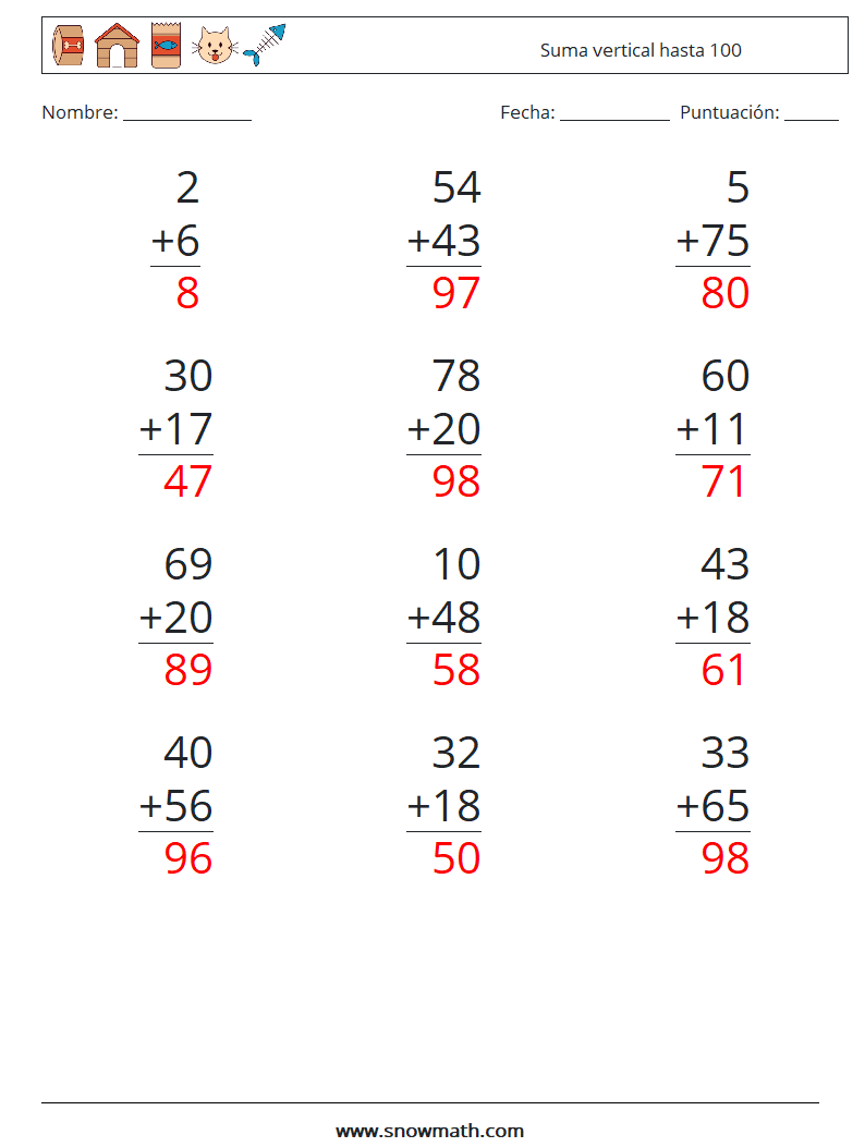 (12) Suma vertical hasta 100 Hojas de trabajo de matemáticas 1 Pregunta, respuesta