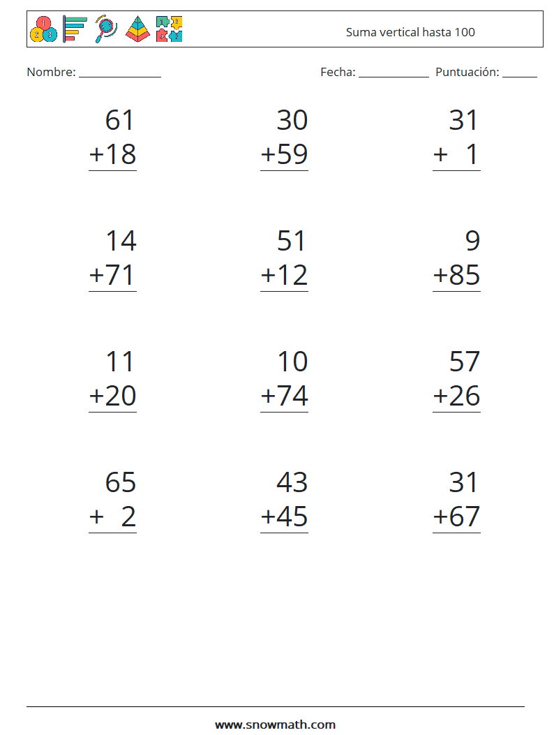 (12) Suma vertical hasta 100 Hojas de trabajo de matemáticas 2