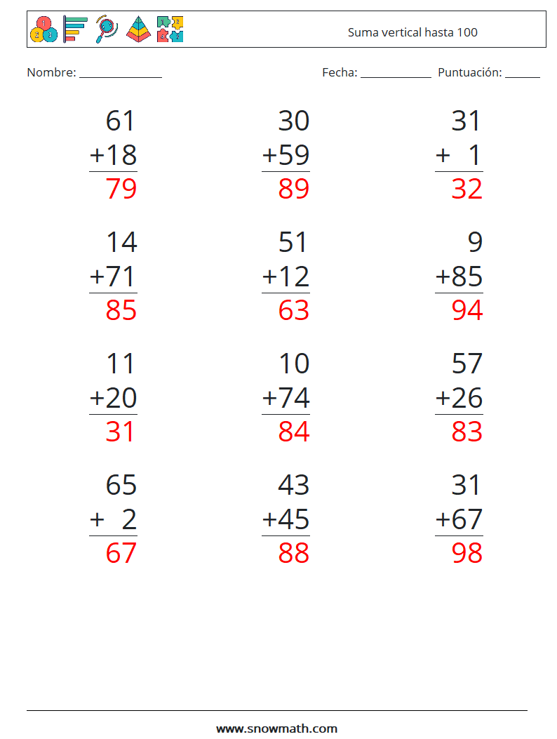 (12) Suma vertical hasta 100 Hojas de trabajo de matemáticas 2 Pregunta, respuesta