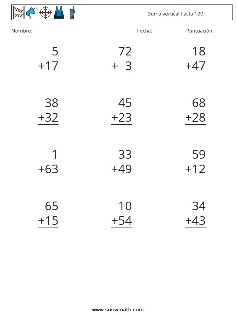 (12) Suma vertical hasta 100 Hojas de trabajo de matemáticas 3