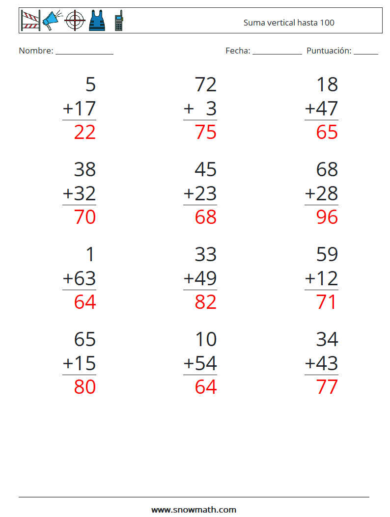 (12) Suma vertical hasta 100 Hojas de trabajo de matemáticas 3 Pregunta, respuesta