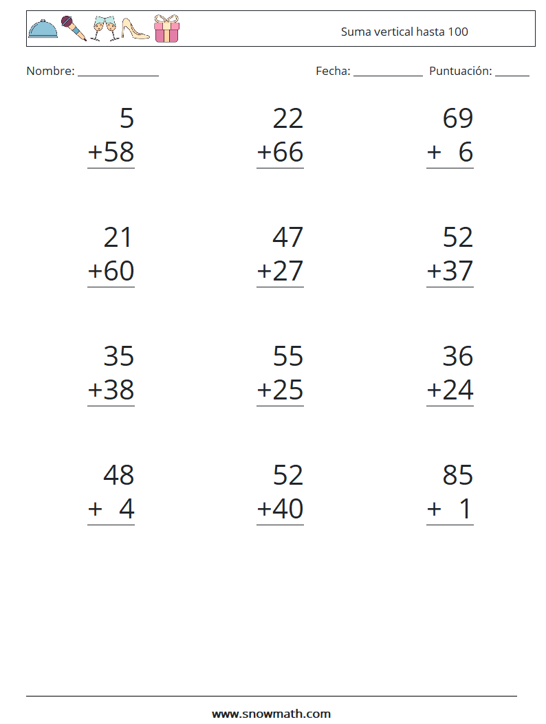 (12) Suma vertical hasta 100 Hojas de trabajo de matemáticas 4