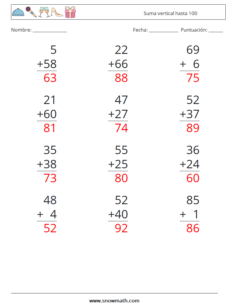 (12) Suma vertical hasta 100 Hojas de trabajo de matemáticas 4 Pregunta, respuesta