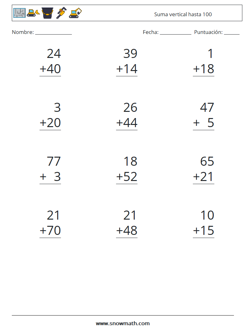 (12) Suma vertical hasta 100 Hojas de trabajo de matemáticas 5