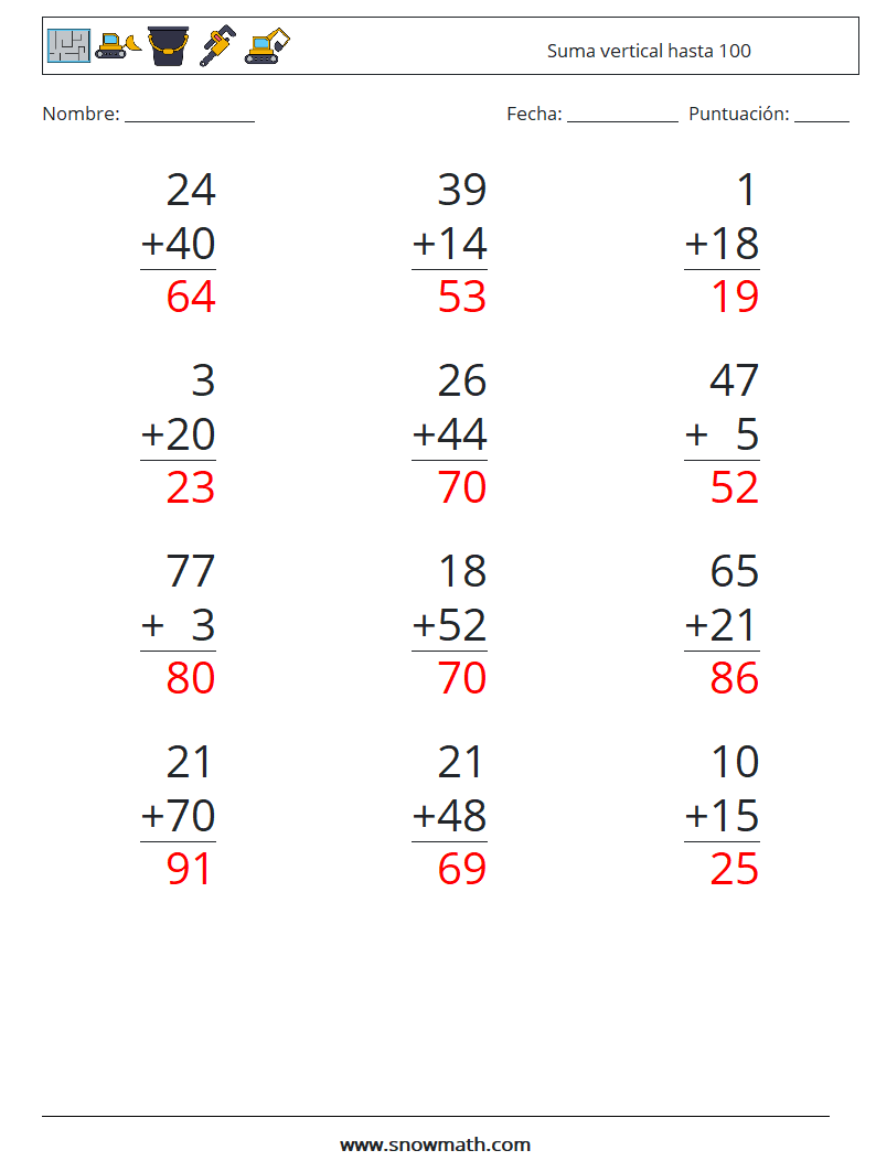 (12) Suma vertical hasta 100 Hojas de trabajo de matemáticas 5 Pregunta, respuesta