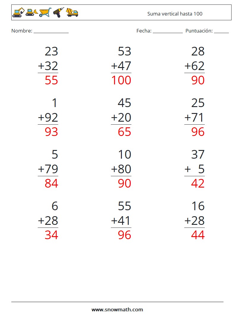(12) Suma vertical hasta 100 Hojas de trabajo de matemáticas 6 Pregunta, respuesta