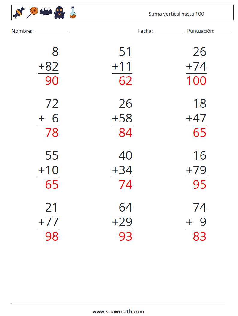 (12) Suma vertical hasta 100 Hojas de trabajo de matemáticas 7 Pregunta, respuesta