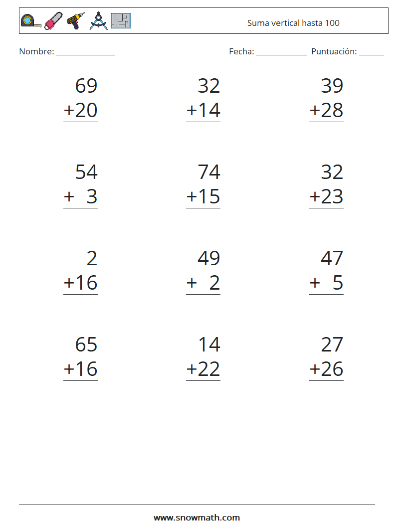 (12) Suma vertical hasta 100 Hojas de trabajo de matemáticas 8
