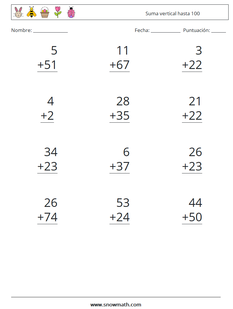 (12) Suma vertical hasta 100 Hojas de trabajo de matemáticas 9