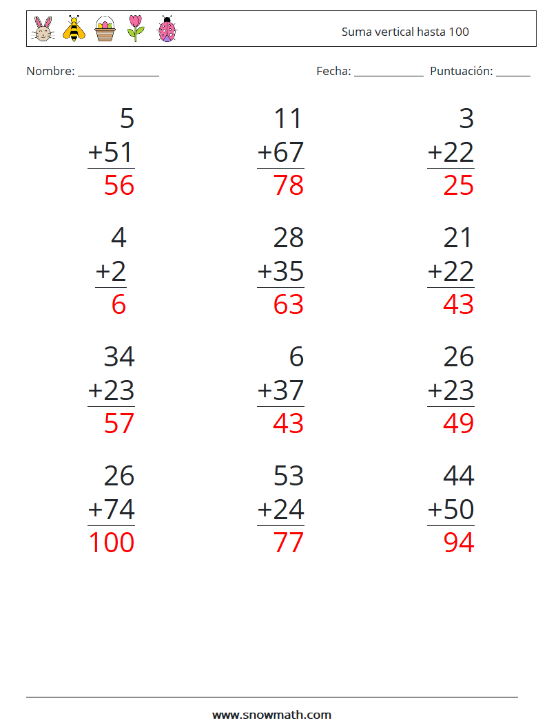 (12) Suma vertical hasta 100 Hojas de trabajo de matemáticas 9 Pregunta, respuesta