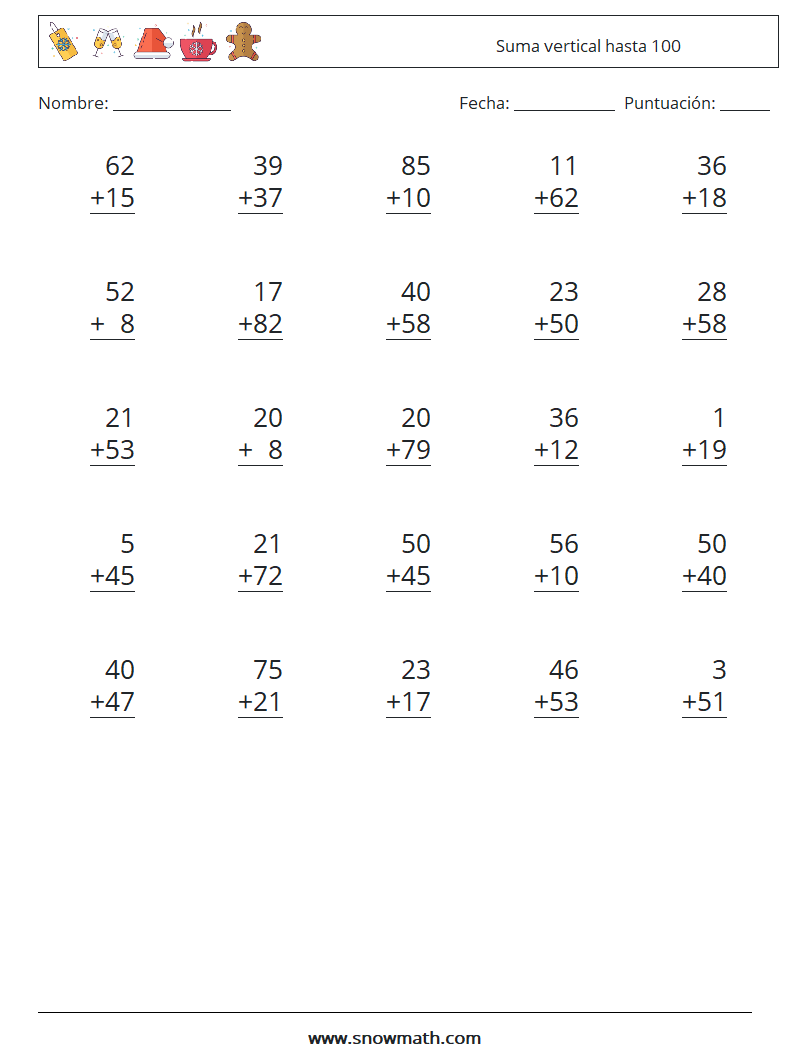 (25) Suma vertical hasta 100 Hojas de trabajo de matemáticas 1