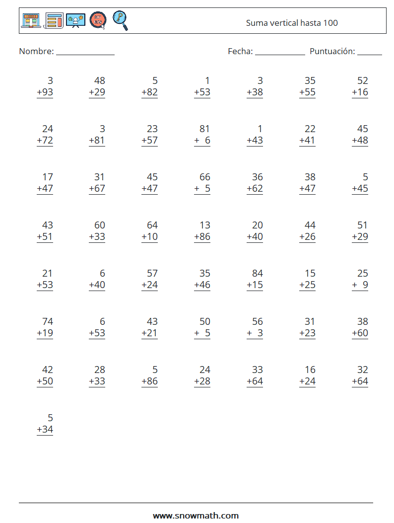 (50) Suma vertical hasta 100 Hojas de trabajo de matemáticas 1