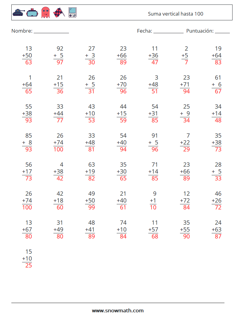 (50) Suma vertical hasta 100 Hojas de trabajo de matemáticas 13 Pregunta, respuesta