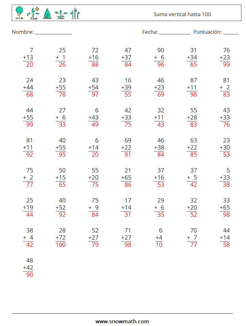 (50) Suma vertical hasta 100 Hojas de trabajo de matemáticas 3 Pregunta, respuesta