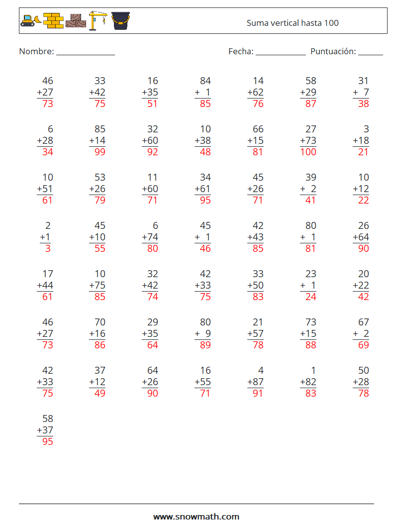 (50) Suma vertical hasta 100 Hojas de trabajo de matemáticas 5 Pregunta, respuesta