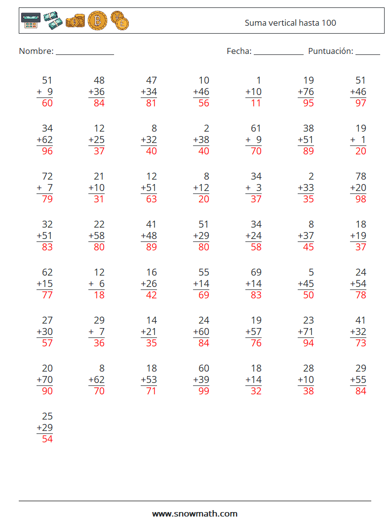 (50) Suma vertical hasta 100 Hojas de trabajo de matemáticas 8 Pregunta, respuesta