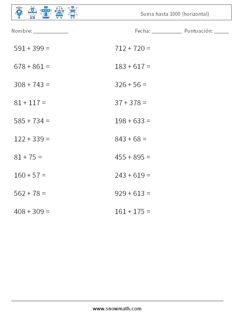 (20) Suma hasta 1000 (horizontal) Hojas de trabajo de matemáticas 1