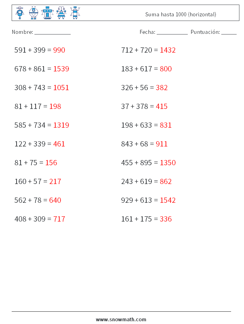 (20) Suma hasta 1000 (horizontal) Hojas de trabajo de matemáticas 1 Pregunta, respuesta