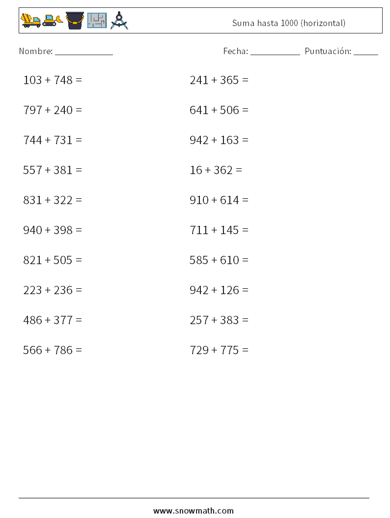 (20) Suma hasta 1000 (horizontal) Hojas de trabajo de matemáticas 2