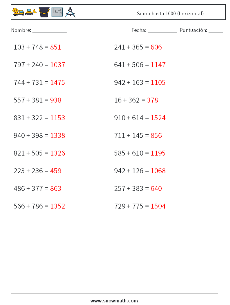 (20) Suma hasta 1000 (horizontal) Hojas de trabajo de matemáticas 2 Pregunta, respuesta