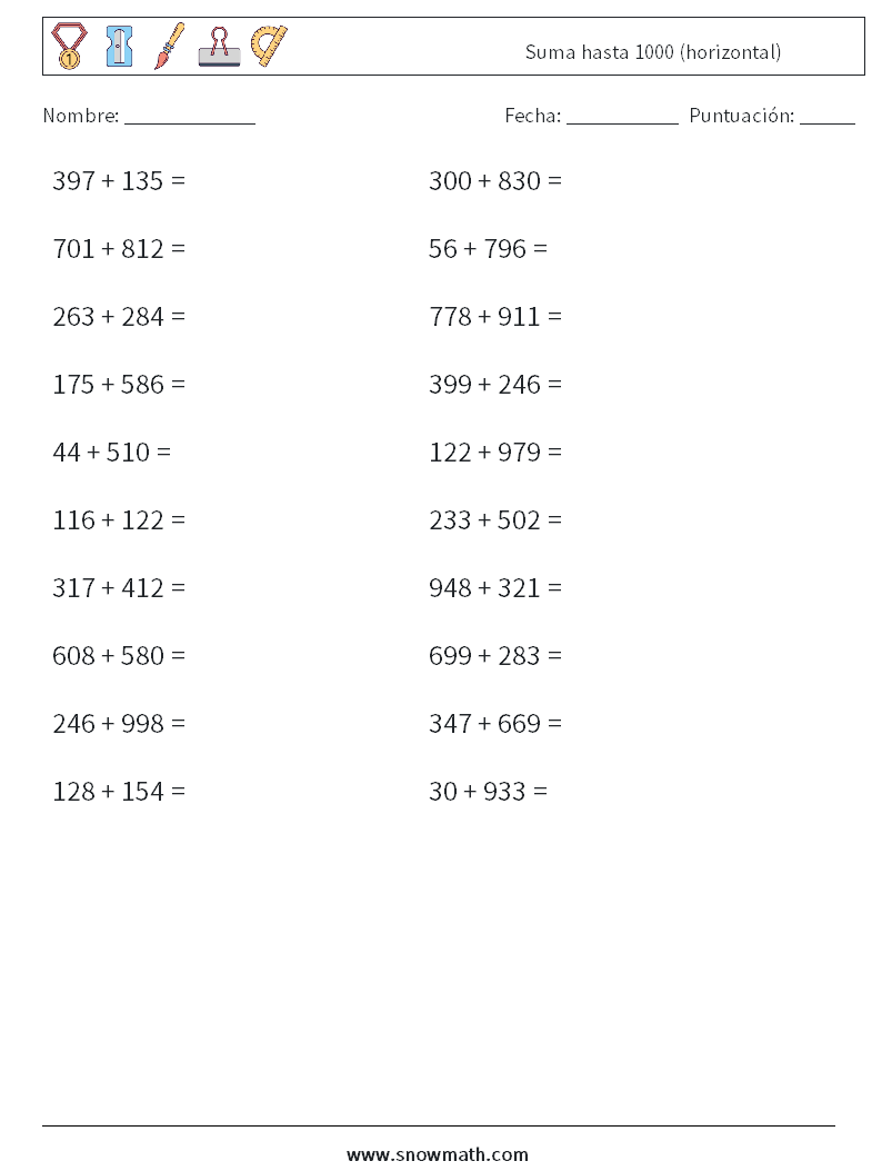 (20) Suma hasta 1000 (horizontal) Hojas de trabajo de matemáticas 3