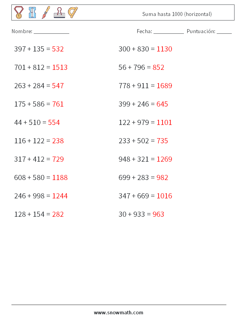 (20) Suma hasta 1000 (horizontal) Hojas de trabajo de matemáticas 3 Pregunta, respuesta