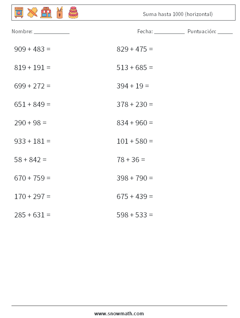 (20) Suma hasta 1000 (horizontal) Hojas de trabajo de matemáticas 4