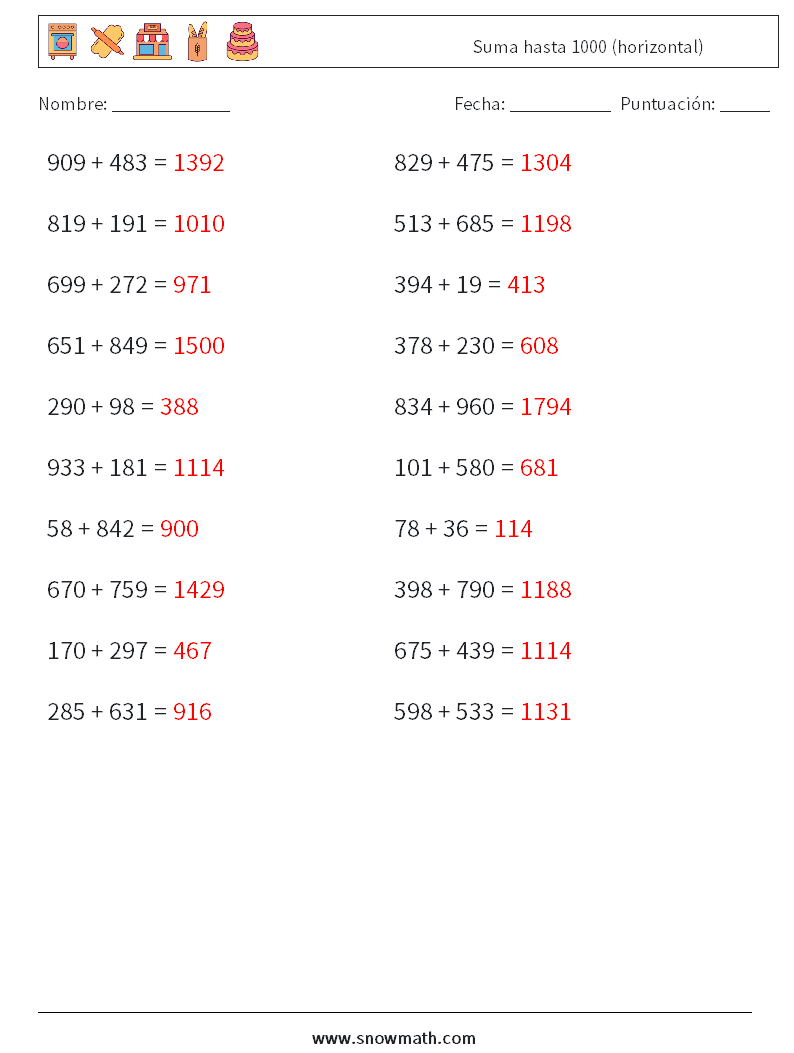 (20) Suma hasta 1000 (horizontal) Hojas de trabajo de matemáticas 4 Pregunta, respuesta