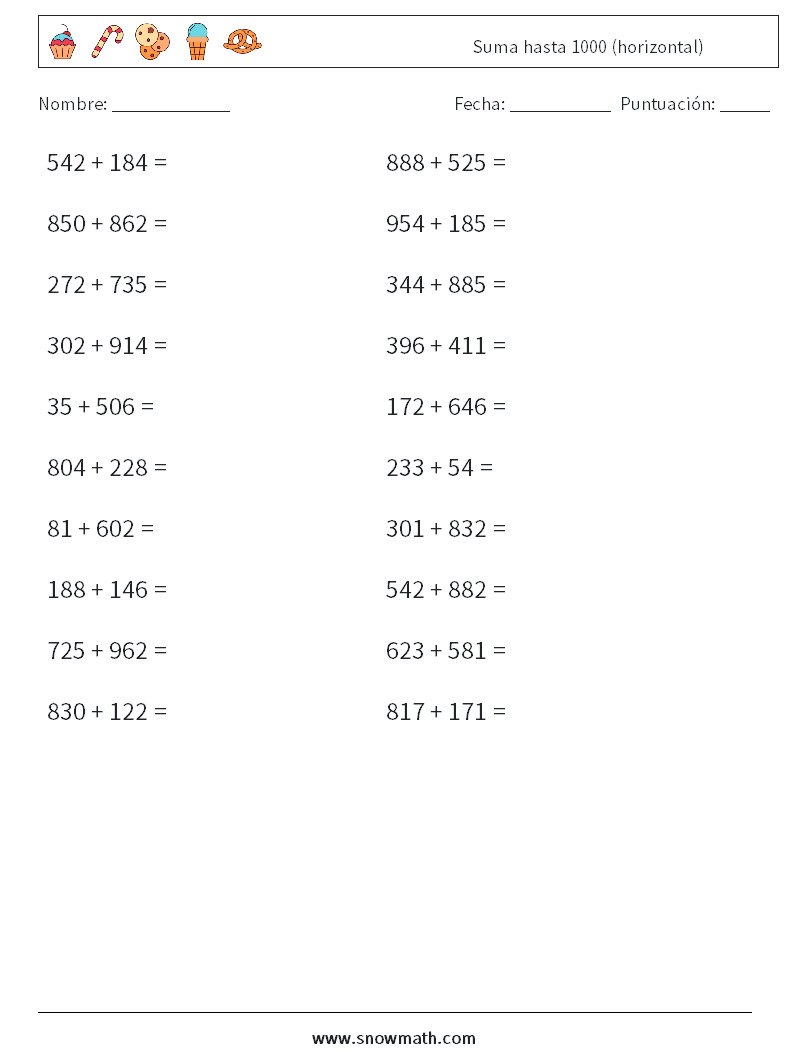(20) Suma hasta 1000 (horizontal) Hojas de trabajo de matemáticas 5