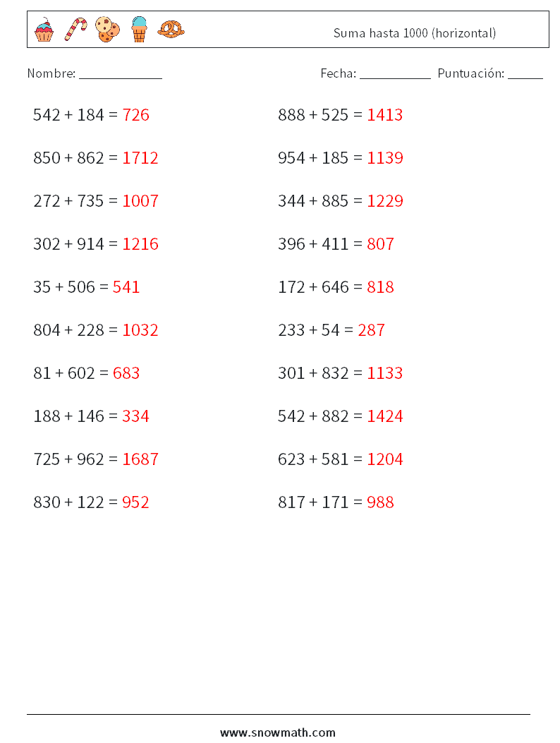 (20) Suma hasta 1000 (horizontal) Hojas de trabajo de matemáticas 5 Pregunta, respuesta