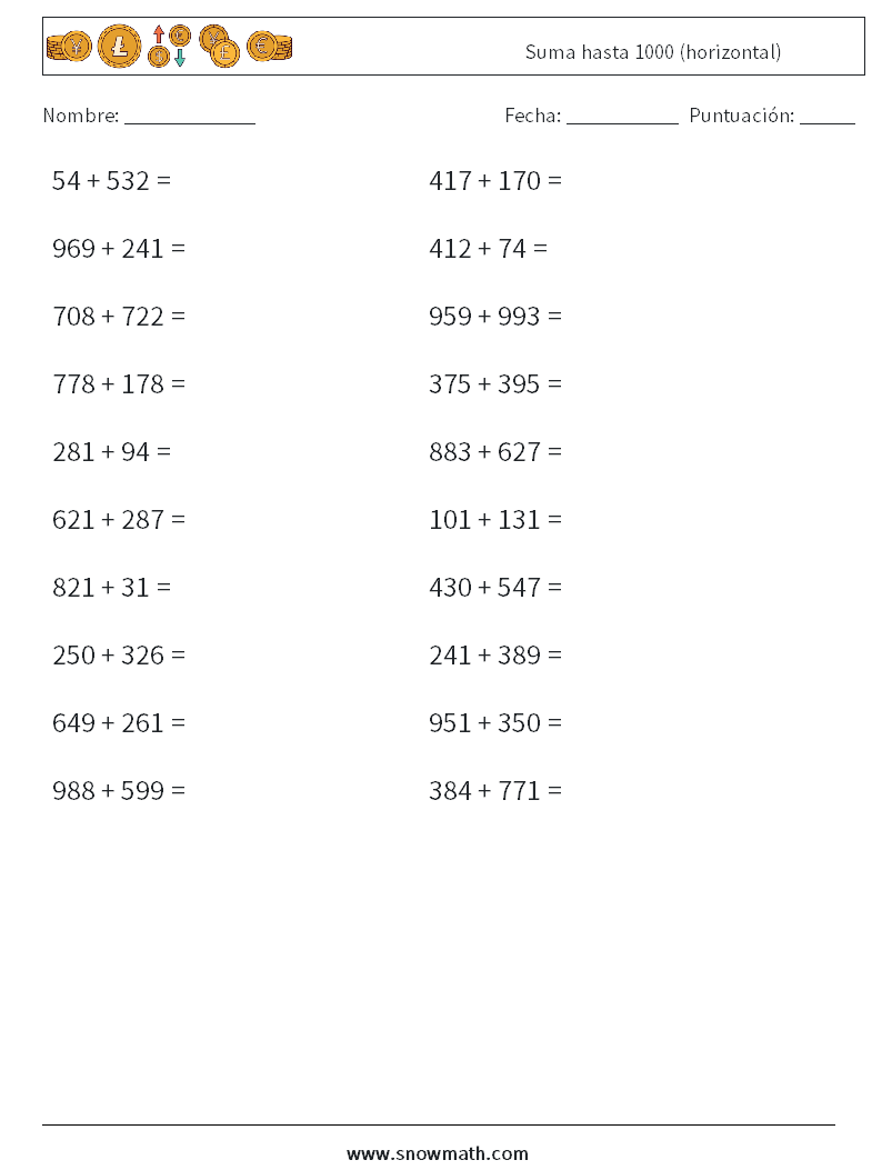 (20) Suma hasta 1000 (horizontal) Hojas de trabajo de matemáticas 6