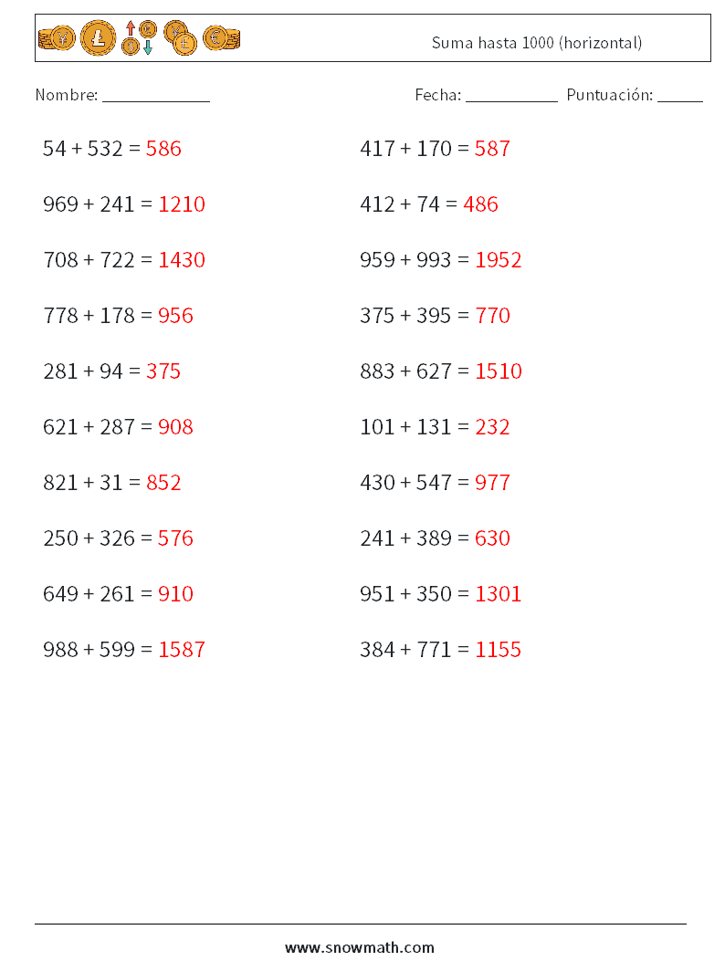 (20) Suma hasta 1000 (horizontal) Hojas de trabajo de matemáticas 6 Pregunta, respuesta