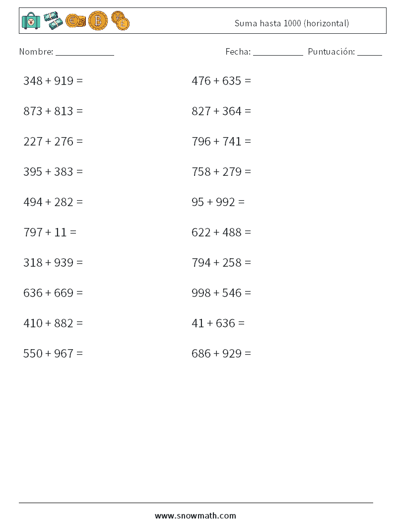 (20) Suma hasta 1000 (horizontal) Hojas de trabajo de matemáticas 7