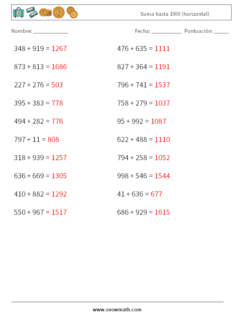 (20) Suma hasta 1000 (horizontal) Hojas de trabajo de matemáticas 7 Pregunta, respuesta