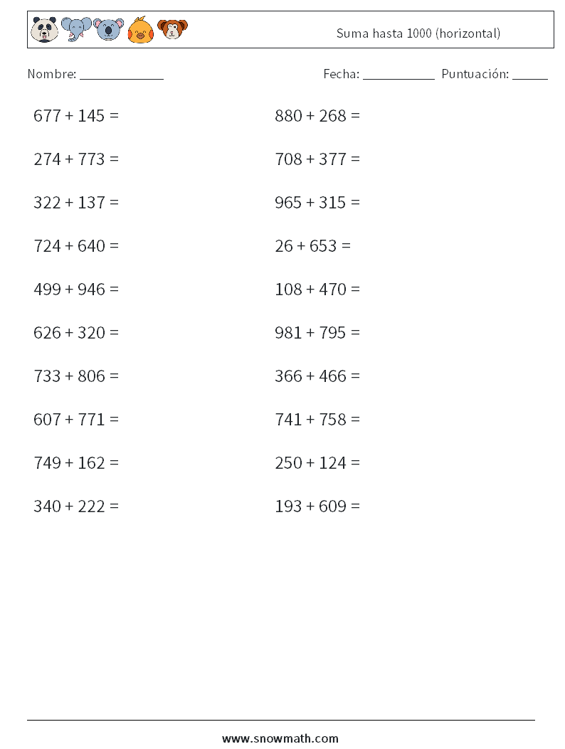 (20) Suma hasta 1000 (horizontal) Hojas de trabajo de matemáticas 8