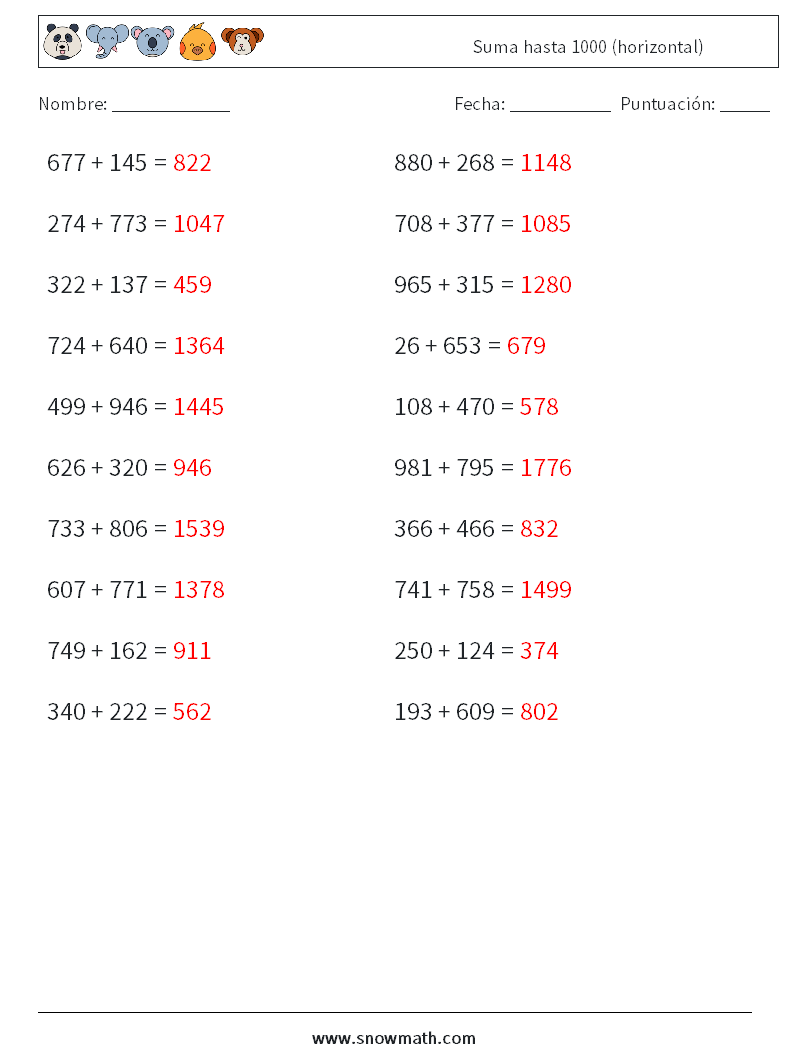 (20) Suma hasta 1000 (horizontal) Hojas de trabajo de matemáticas 8 Pregunta, respuesta